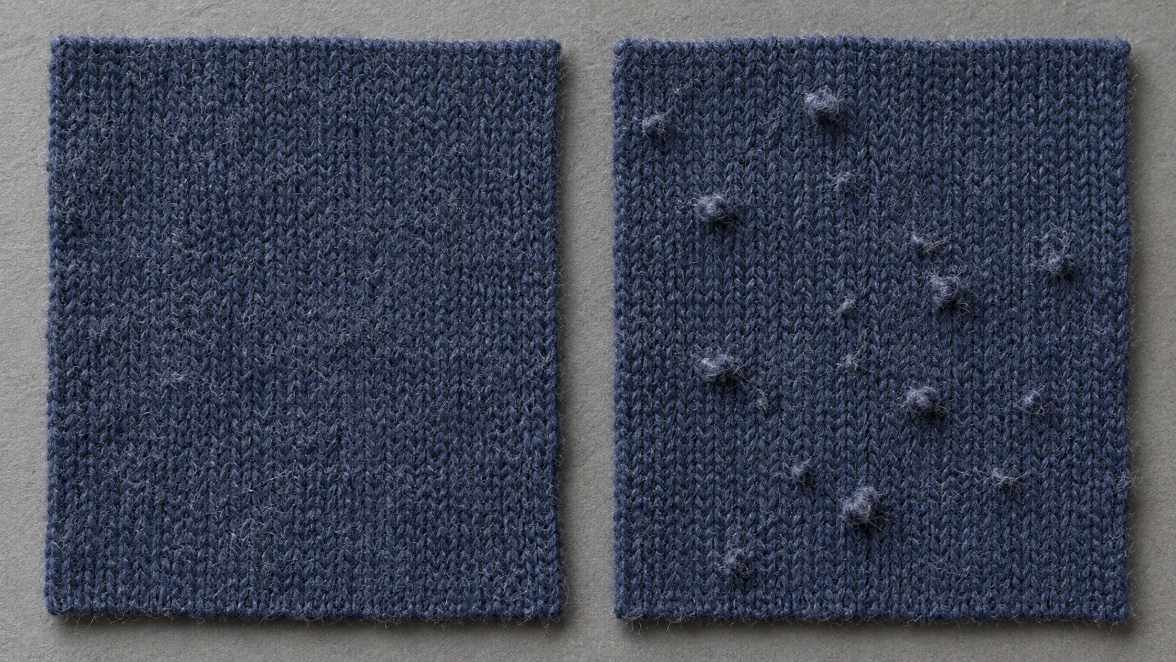 Two navy knit swatches showing fine surface fibers and small attached fiber pills