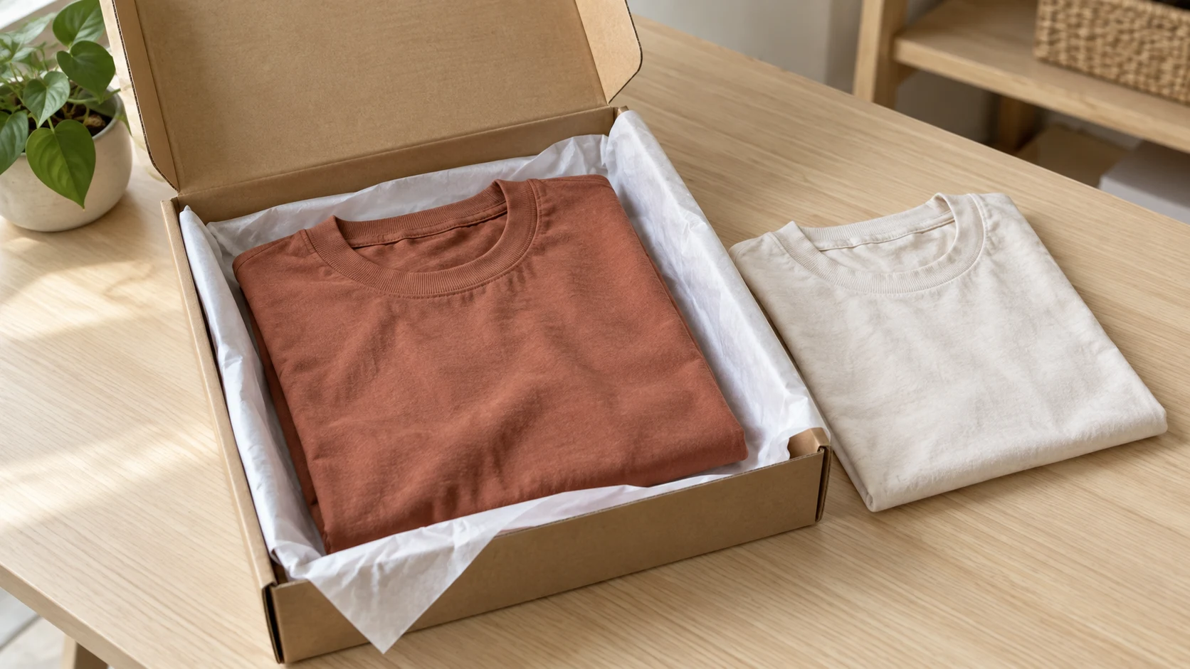 Folded terracotta T-shirt in an open kraft mailer beside a cream T-shirt