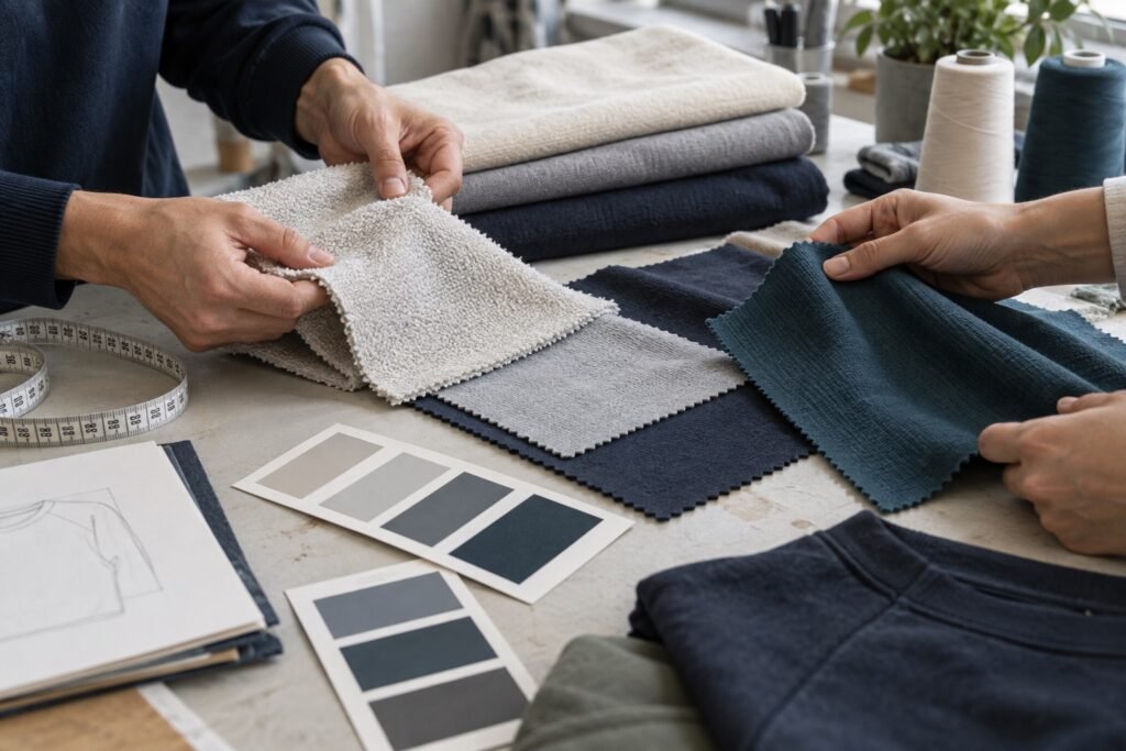 Hands comparing fleece and knit fabric options for custom apparel development