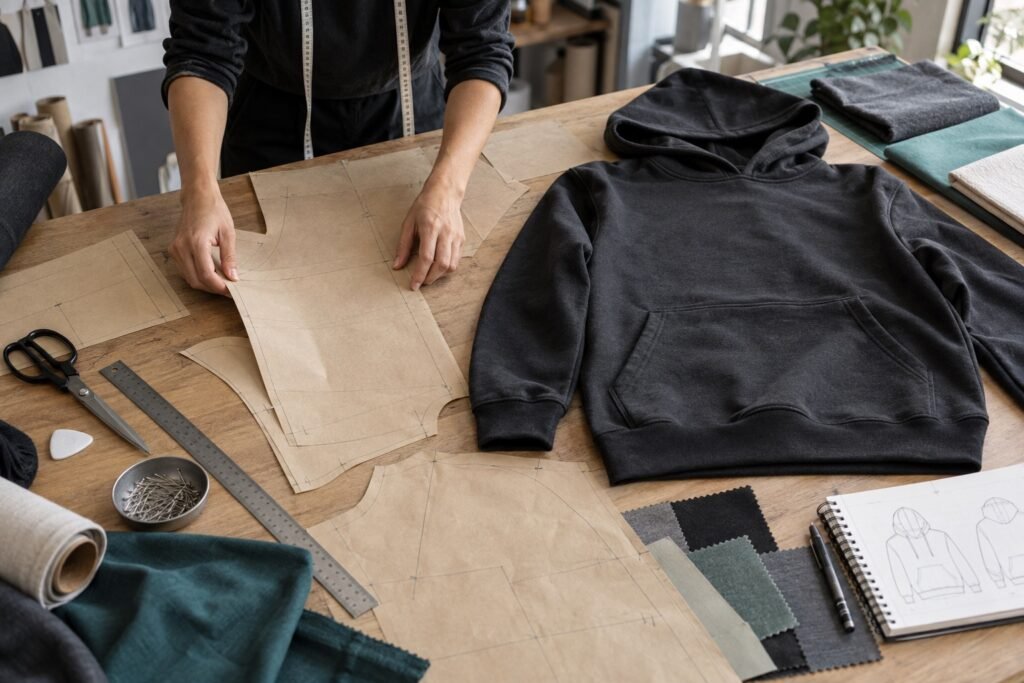 Pattern pieces and a blank hoodie sample during apparel product development