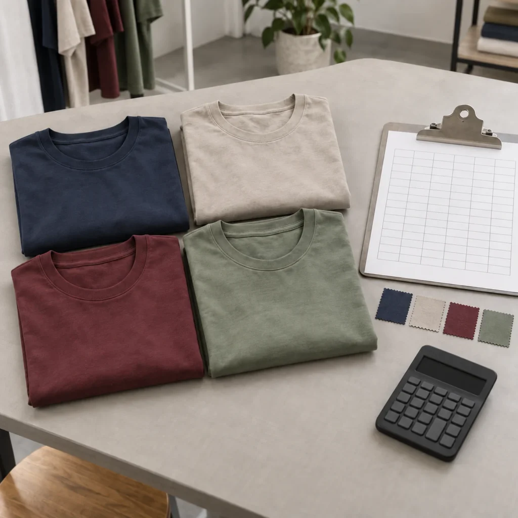 Four folded T-shirts with fabric swatches and a blank order matrix