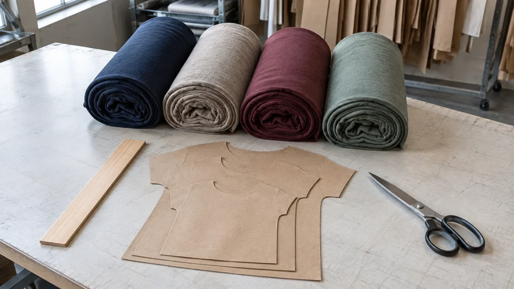 Four colors of cotton jersey and nested T-shirt patterns used for color and size planning