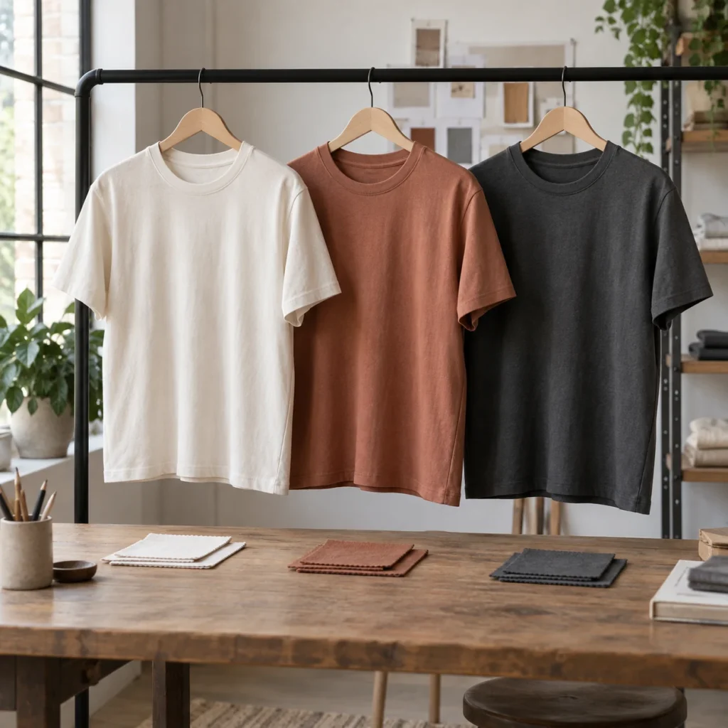 Cream, terracotta and charcoal T-shirts on a rail above matching fabric swatches