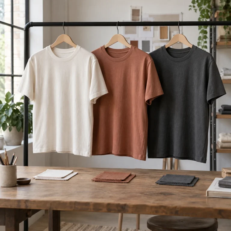 Cream, terracotta and charcoal T-shirts on a rail above matching fabric swatches