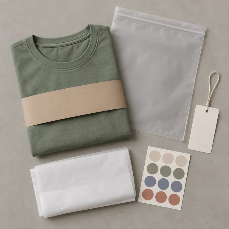 Folded sage T-shirt with a garment sleeve, kraft band, blank hangtag, tissue and color stickers