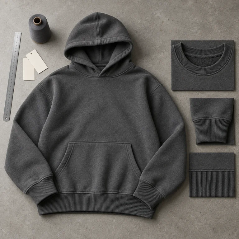 Charcoal hoodie with matching rib cuff, waistband and neckline construction samples