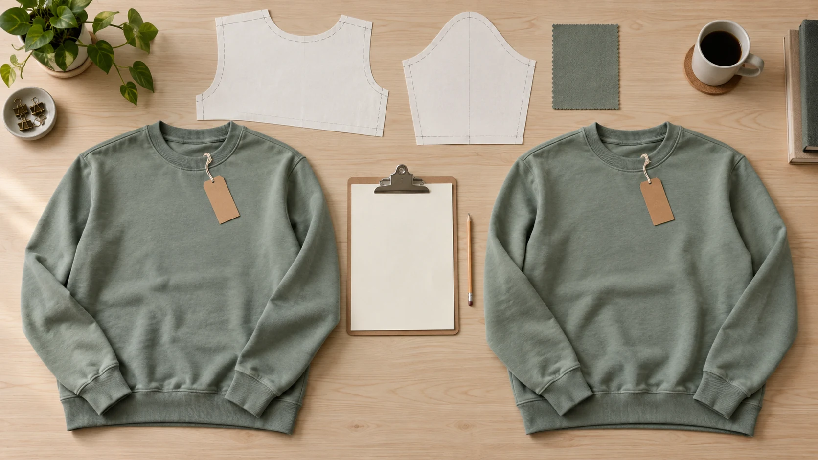 Two sage sweatshirt samples beside blank review paperwork and paper patterns