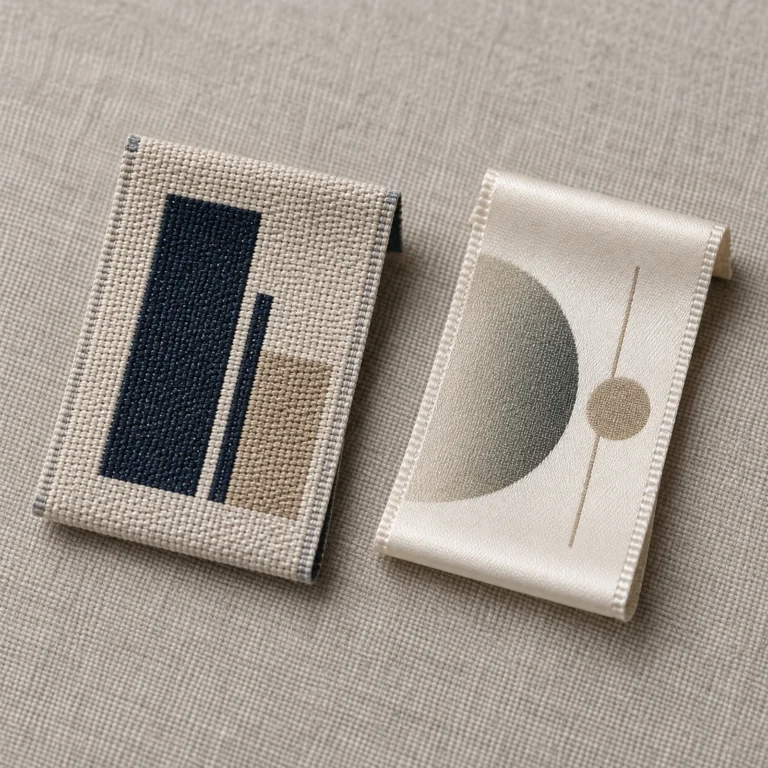 Woven jacquard label and printed satin label shown side by side