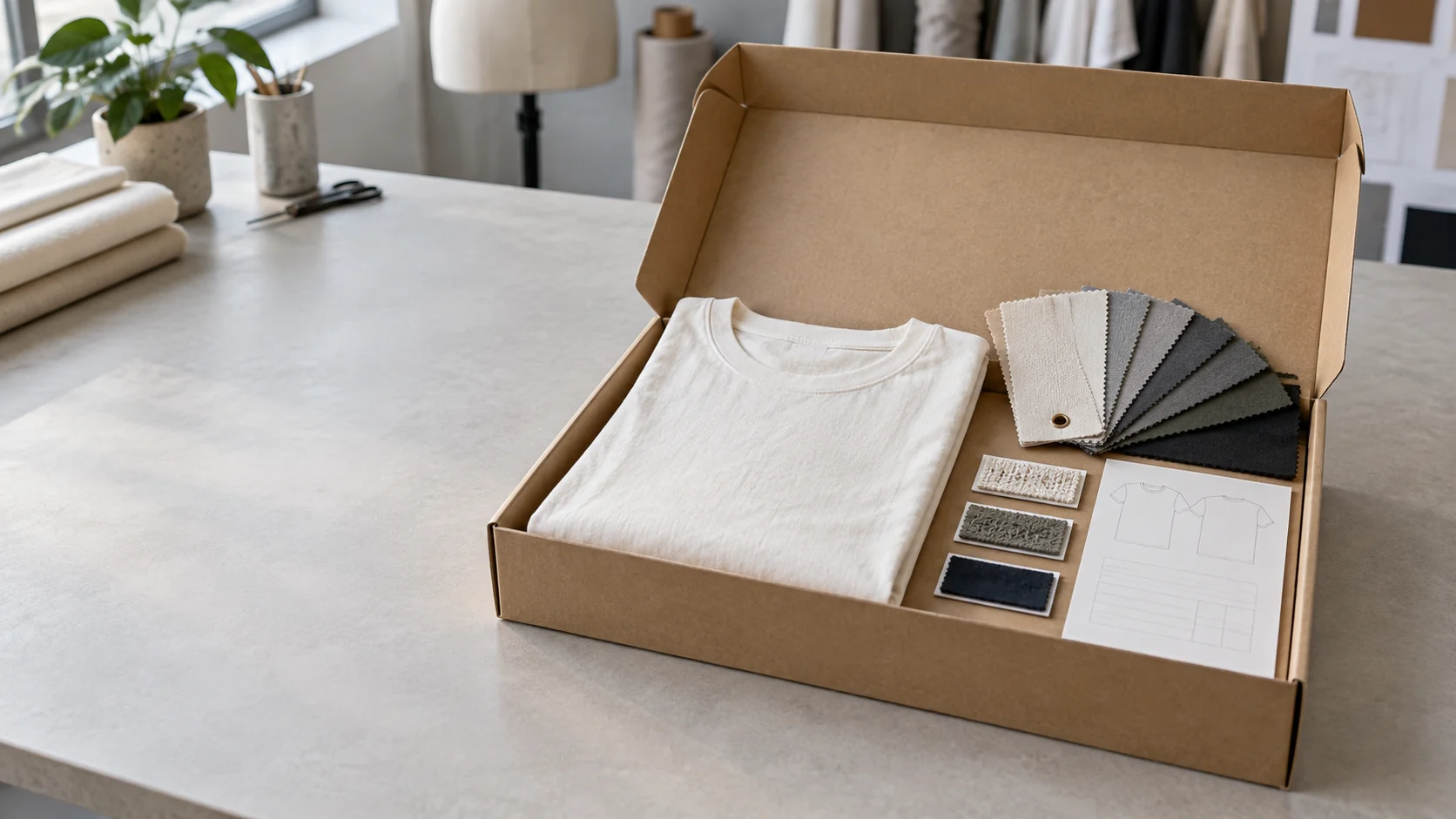 Open apparel sample box with a folded blank T-shirt, fabric swatches and decoration samples