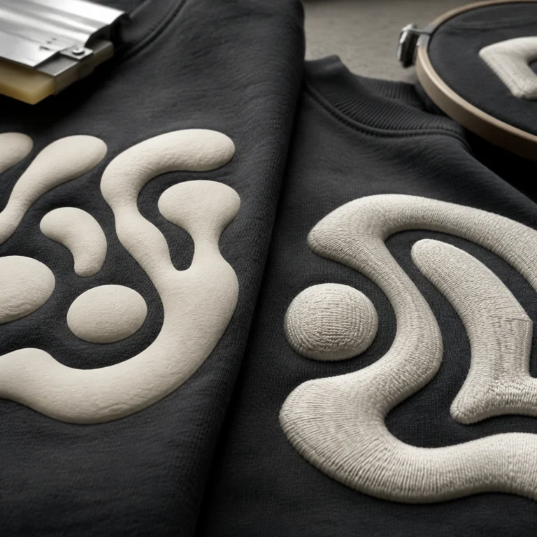 Close-up comparison of cream puff print and 3D puff embroidery on charcoal streetwear fabric