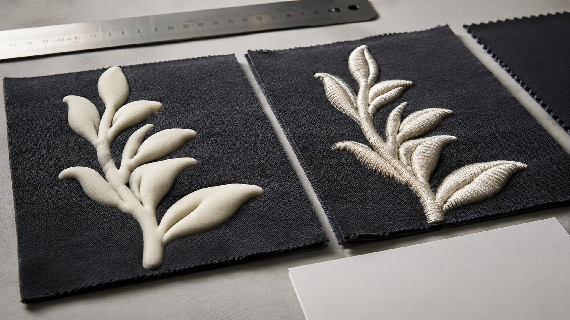 Puff print and 3D puff embroidery sample panels under inspection light