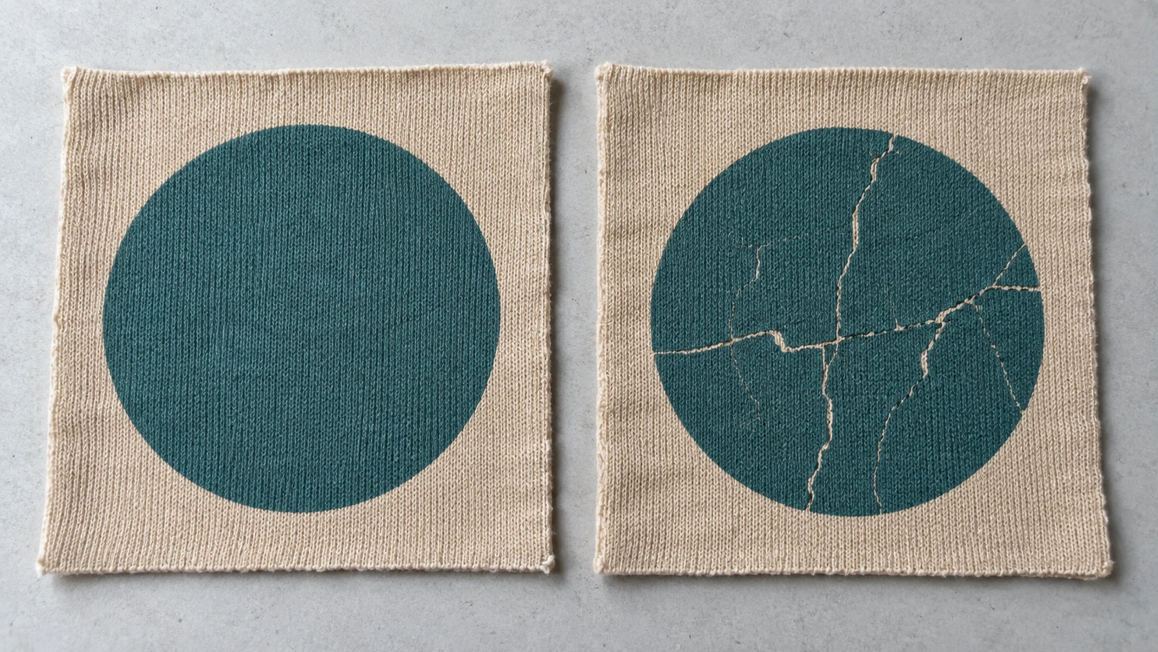 Two sand-colored knit panels with teal circle prints, one continuous and one showing cracks in the ink