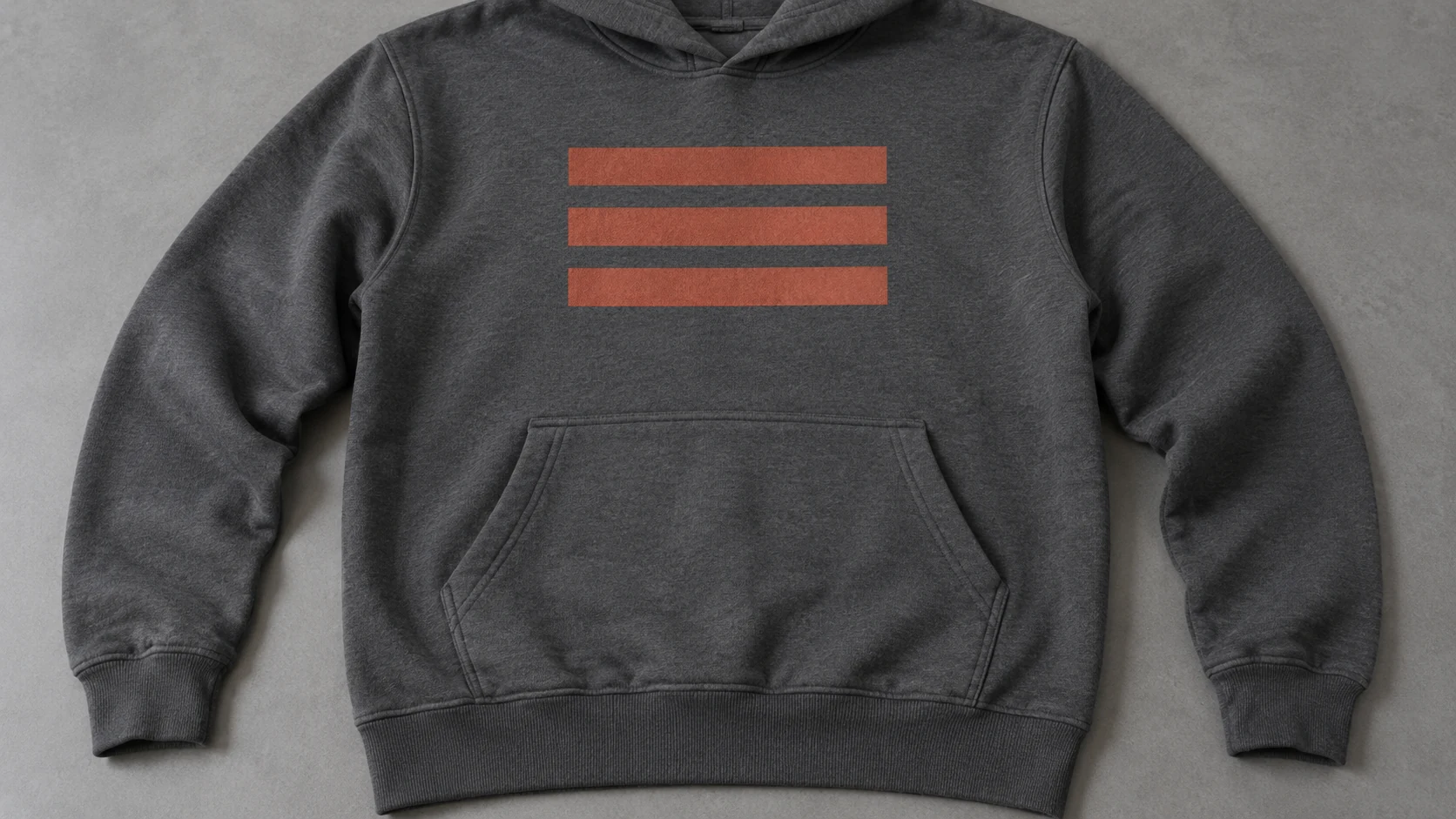 Charcoal pullover hoodie with three terracotta chest bars and plain fabric above the pouch pocket