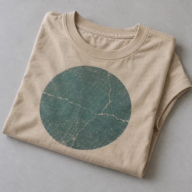 Folded sand-colored T-shirt with a teal circular print showing cracks in the ink surface
