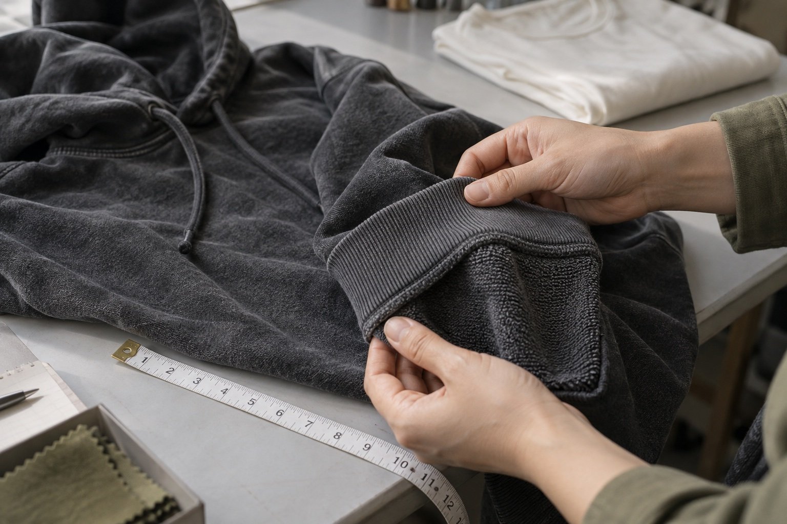 Streetwear hoodie cuff and stitching close-up