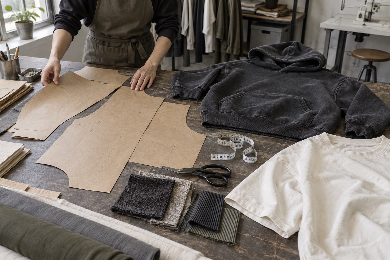 Streetwear paper patterns, a hoodie and fabric swatches