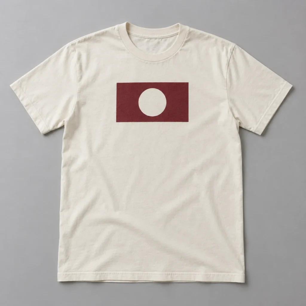 Ivory crewneck T-shirt with a burgundy rectangular chest print and a circular opening in the graphic