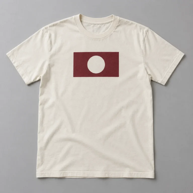 Ivory crewneck T-shirt with a burgundy rectangular chest print and a circular opening in the graphic